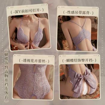 蕾丝蝴蝶饰臀露胸开裆连体衣 性感深V 前扣可解