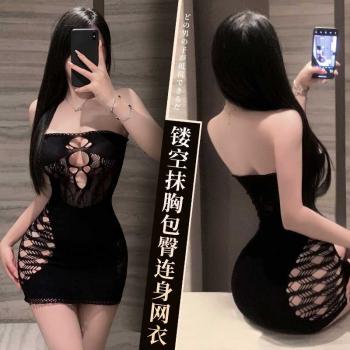 镂空露胸抹胸包臀连身网衣 性感纯欲
